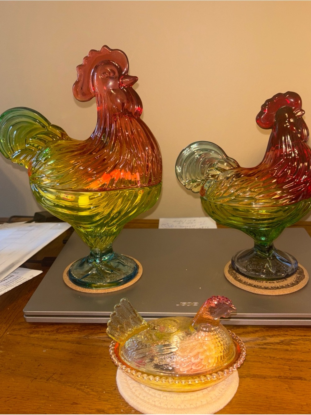 Multicolor Glass Roosters &. Glass hen Decorative Sculpture - Red, Yellow, Green